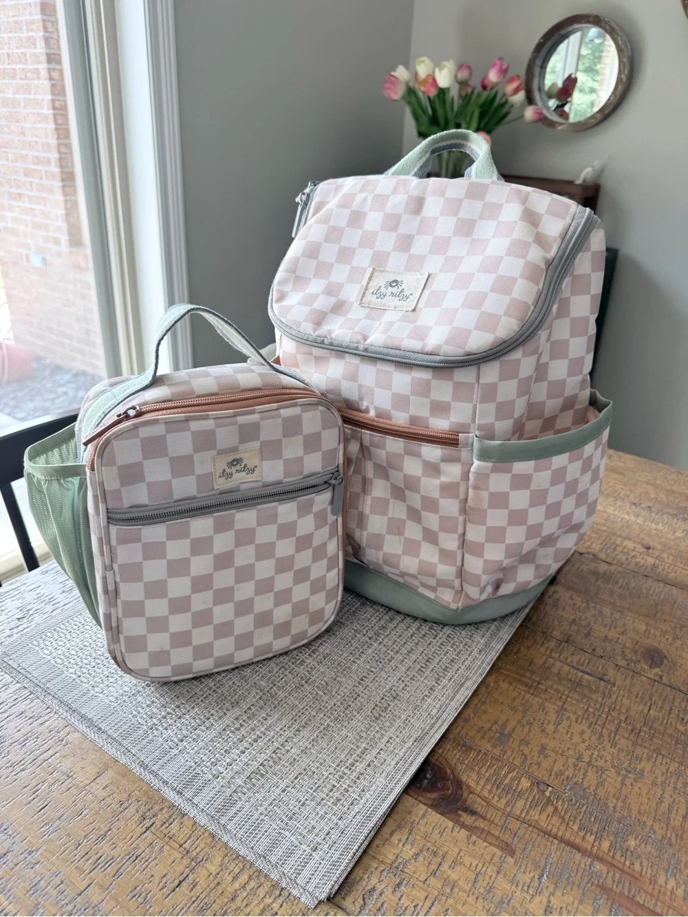 Itzy Ritzy Pink & Cream Checkered Kids Backpack with Matching Lunch Bag